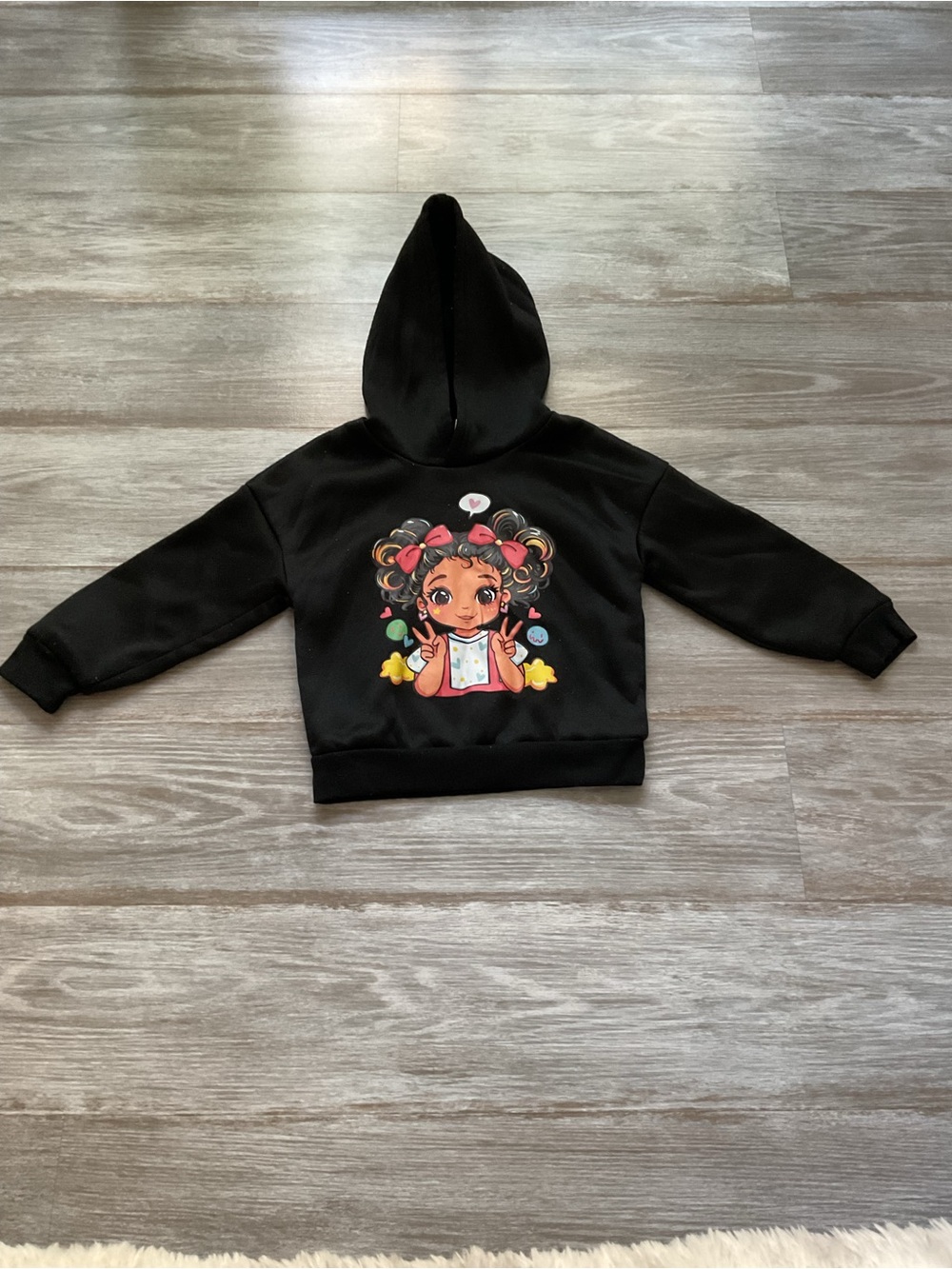 SHEIN Black Kids Hoodie with Colorful Cartoon Girl Graphic